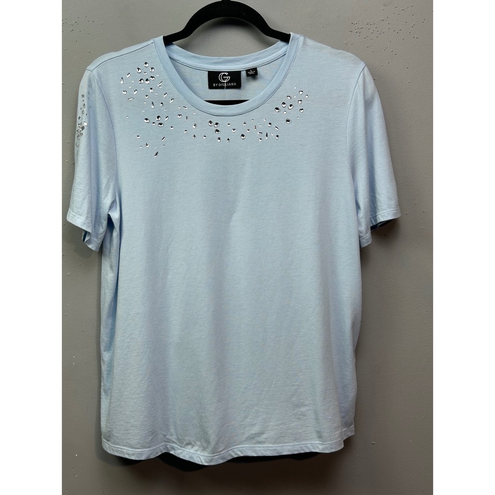 G by Giuliana T-Shirt Womens Large Blue Embellished Rhinestone Short Sleeve Tee